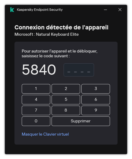La fenêtre avec le code d'autorisation du clavier et le clavier virtuel. L'utilisateur peut saisir le code.