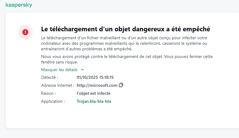 Notification de Kaspersky concernant la prévention du chargement d'un objet malveillant dans la fenêtre du navigateur.