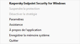 Menu avec options de contrôle de l'application.