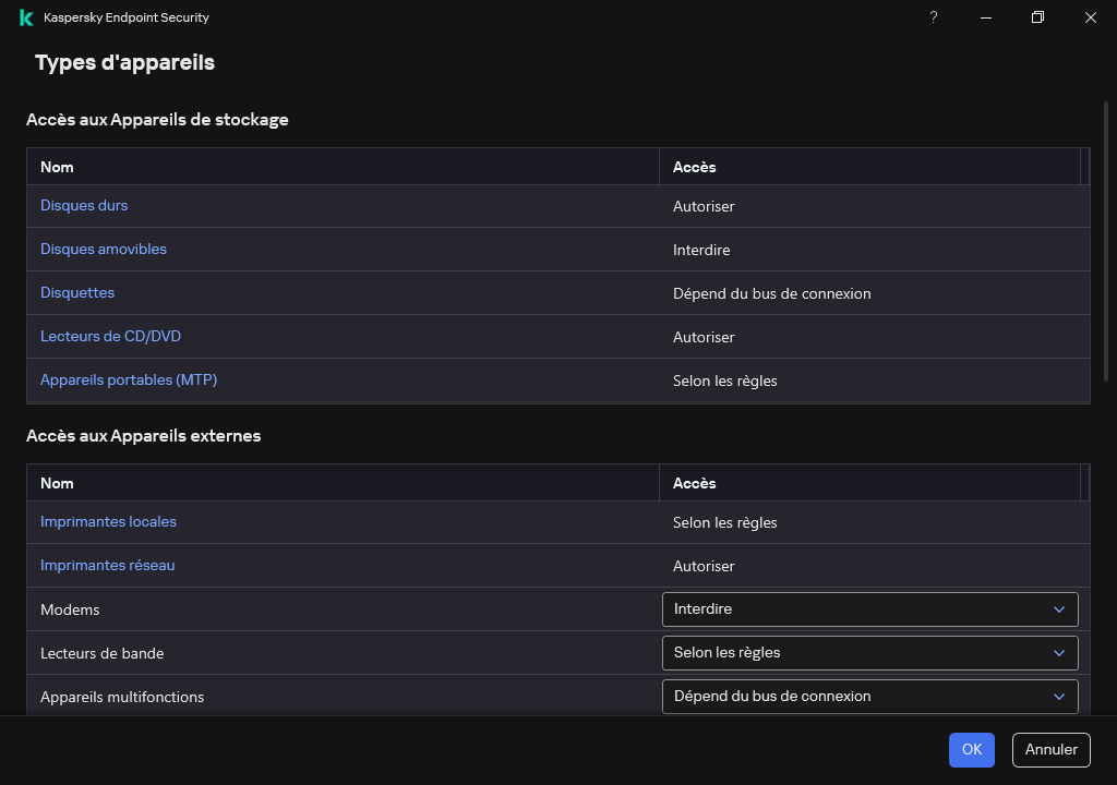 Fenêtre de configuration de l'accès aux appareils. L'utilisateur peut configurer l'accès aux appareils et définir des paramètres d'accès supplémentaires, tels que le calendrier d'accès.