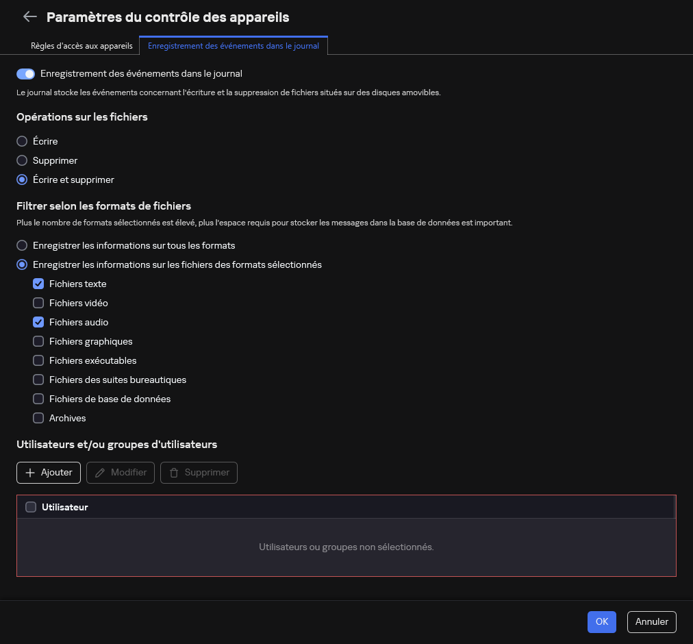 La fenêtre de configuration de la journalisation des événements concernant l'utilisation des disques amovibles. L'utilisateur peut sélectionner les événements à consigner.