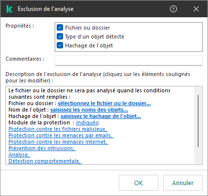 Une fenêtre avec des outils de sélection d'exclusion. L'utilisateur peut sélectionner un fichier ou un dossier, saisir un nom d'objet ou un hachage.