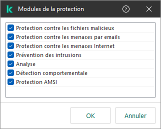 Une fenêtre avec la liste des modules de l'application. L'exclusion s'applique au fonctionnement de certains modules uniquement.