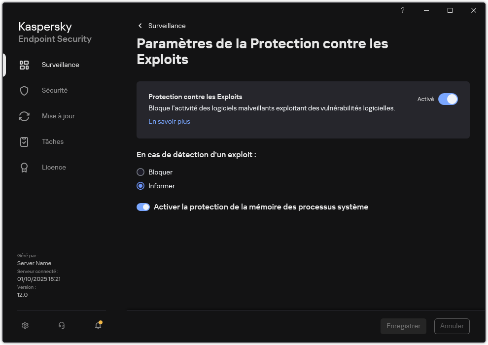 Fenêtre des paramètres de protection contre les exploits
