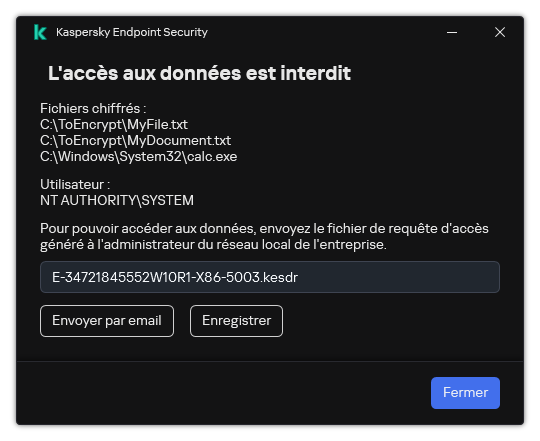 Une fenêtre avec un fichier de demande d'accès à des données chiffrées. L'utilisateur peut enregistrer le fichier généré sur le disque ou l'envoyer par email.