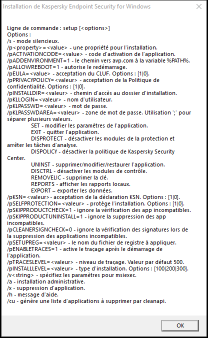 La fenêtre d'infobulle décrivant les options de commande pour installer l'application via CMD.