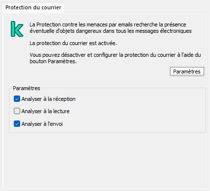 Extension Kaspersky pour la fenêtre Outlook. L'utilisateur peut configurer l'analyse des messages lorsqu'ils sont reçus, lus ou envoyés.