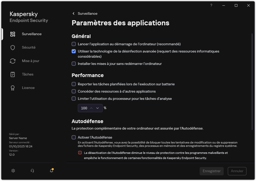 Fenêtre des paramètres de l'application. L'utilisateur peut configurer les performances, l'autodéfense ainsi que d'autres paramètres.