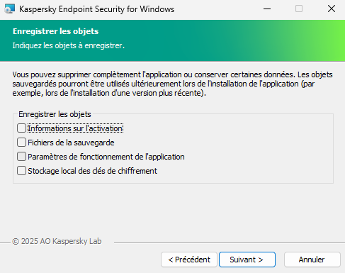 La fenêtre de l'installateur avec une liste d'objets qui peuvent être enregistrés après la suppression de l'application.