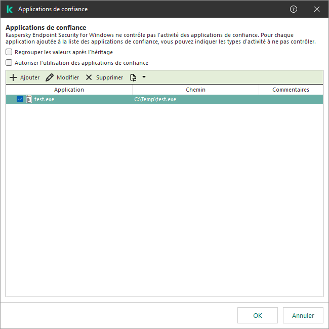 Une fenêtre avec la liste des applications de confiance. L'utilisateur peut ajouter, modifier ou supprimer une application de confiance.