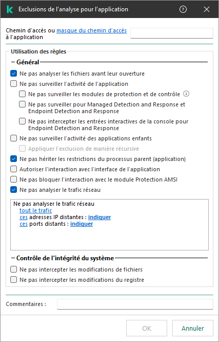 Une fenêtre avec un champ pour saisir le chemin d'accès à un fichier ou à un dossier. Des masques peuvent être utilisés.