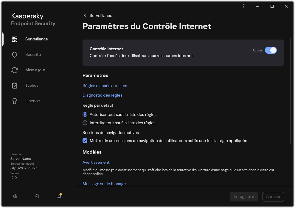 Fenêtre des paramètres du Contrôle Internet.