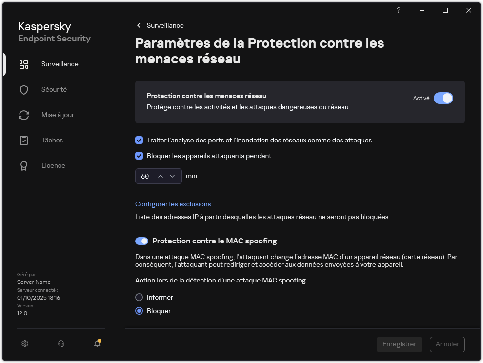 Fenêtre des paramètres de la Protection contre les menaces réseau
