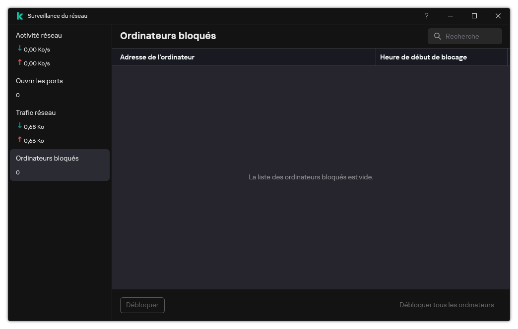 La fenêtre Surveillance du réseau avec une liste des ordinateurs bloqués. Vous pouvez débloquer des ordinateurs individuels ou tous les ordinateurs.