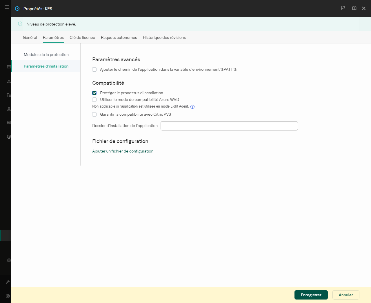 Fenêtre des propriétés du paquet d'installation. Vous pouvez configurer l'installation de l'application.