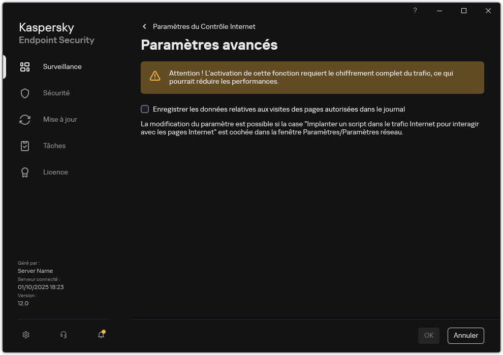 Fenêtre des paramètres avancés du Contrôle Internet.