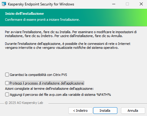 Finestra delle impostazioni di installazione: protezione dell'installazione, compatibilità con Citrix PVS, variabile di sistema per avp.com.