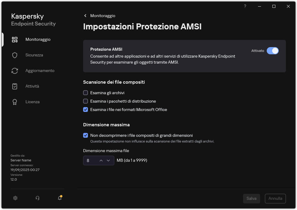 Finestra Impostazioni Protezione AMSI.