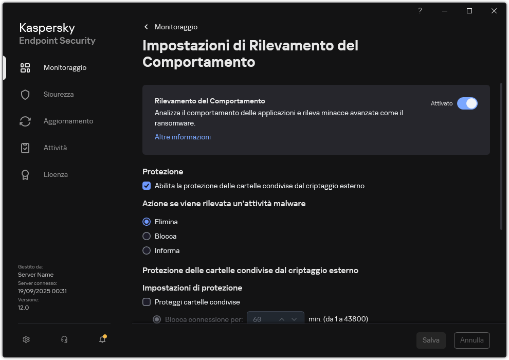 Finestra Impostazioni di Rilevamento del Comportamento.