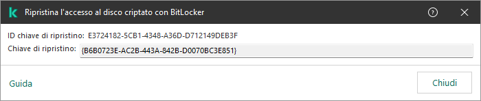 Una finestra con la chiave per ripristinare l'accesso all'unità non di sistema criptata.