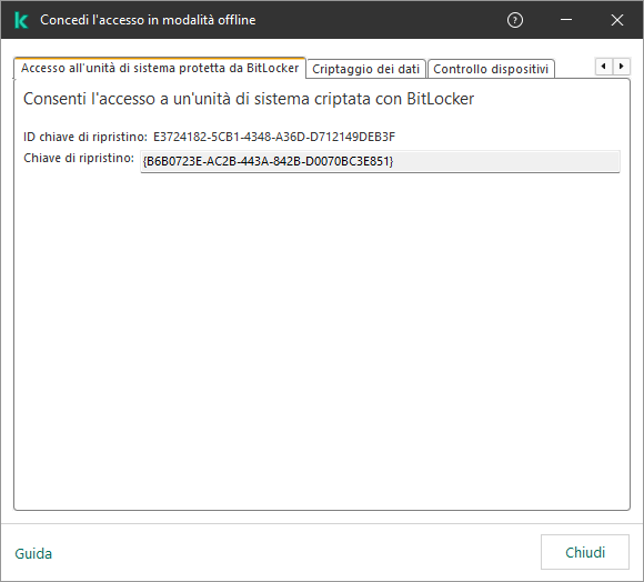 Una finestra con la chiave per ripristinare l'accesso all'unità di sistema criptata.