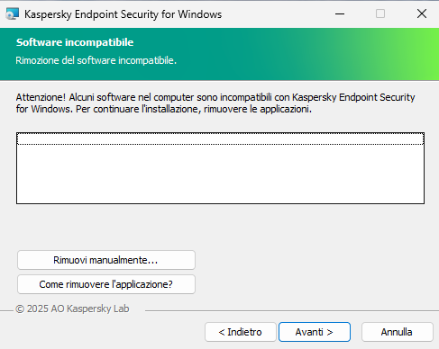 Finestra del programma di installazione con un elenco di software incompatibile. L'utente può avviare la rimozione del software incompatibile.