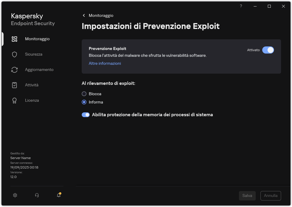 Finestra Impostazioni di Prevenzione Exploit