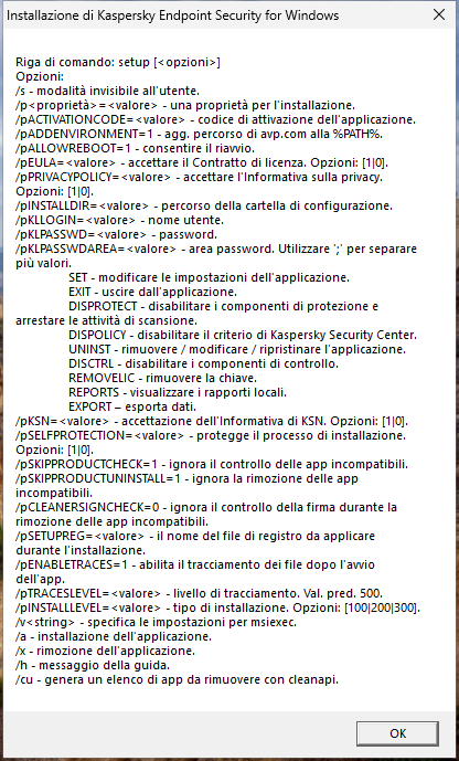 Finestra con le descrizioni delle opzioni di comando per installare l'applicazione tramite CMD.