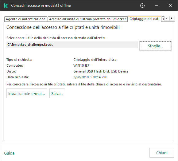 La finestra contiene un campo per la selezione del file di richiesta di accesso. L'utente può salvare il file creato su disco o inviarlo via e-mail.