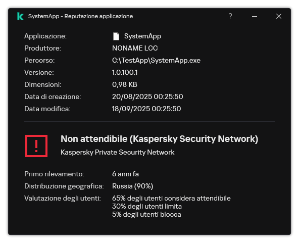 La finestra contiene informazioni sulla reputazione del file e altri dati, come la presenza di una firma digitale.