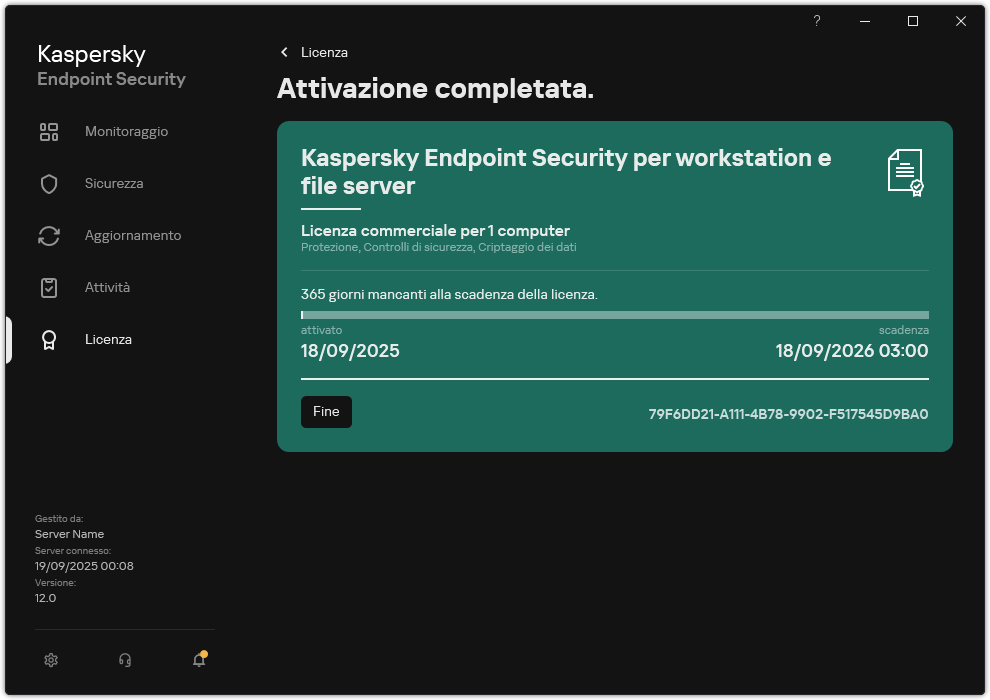 La finestra contiene informazioni sulla licenza: data di scadenza, funzioni disponibili e altre informazioni.