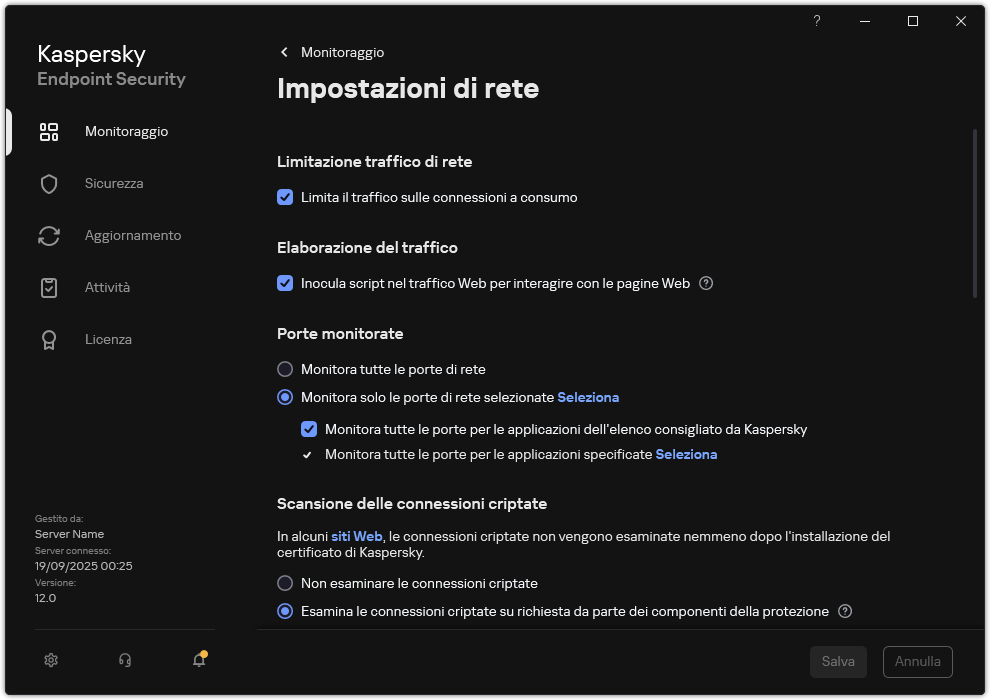 Finestra delle impostazioni di rete dell'applicazione.