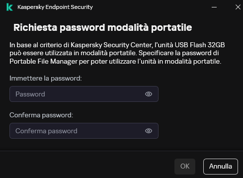 La finestra contiene i campi per l'immissione e la conferma della password.