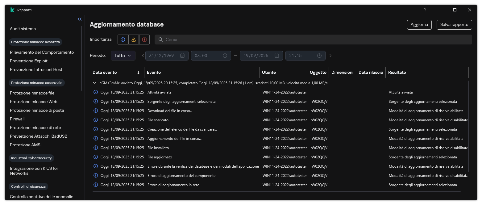Una finestra con l'elenco degli eventi nel rapporto. L'utente può filtrare/ordinare gli eventi e salvare i rapporti in un file.