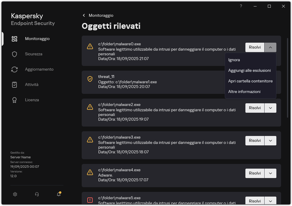 Una finestra con l'elenco degli oggetti rilevati. Vengono visualizzate informazioni sull'oggetto. L'utente può risolvere o rimuovere l'oggetto.