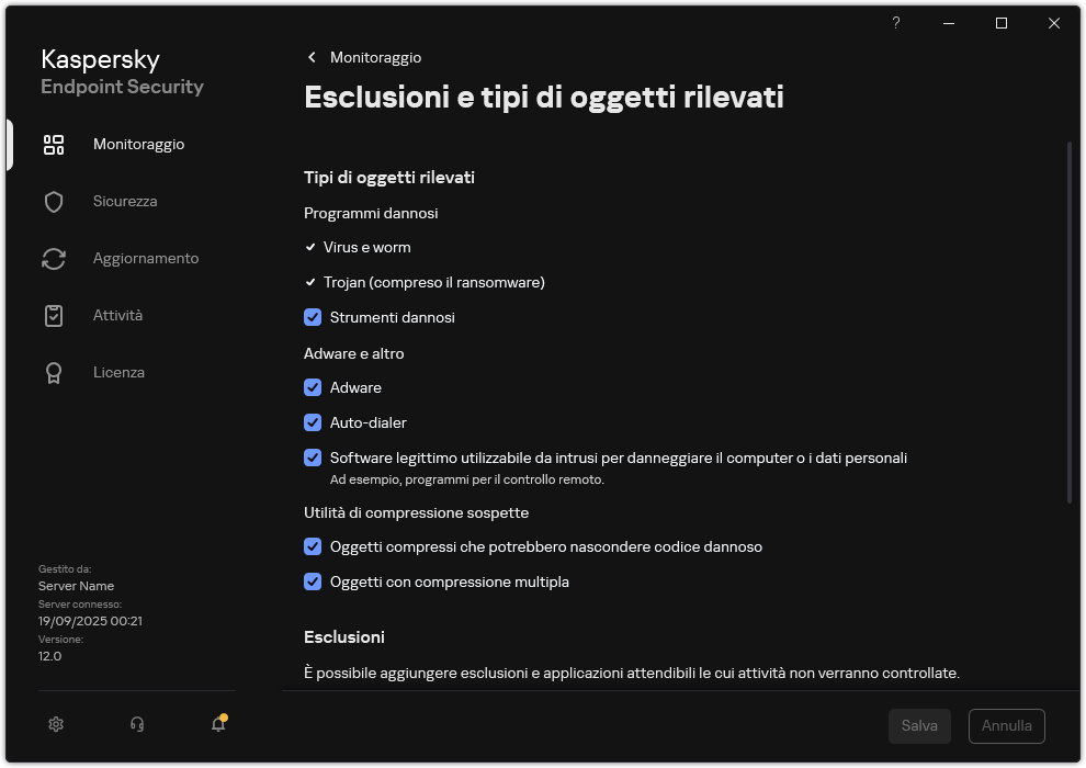 Finestra delle impostazioni di esclusione. L'utente può selezionare i tipi di oggetti rilevati e aggiungere oggetti alle esclusioni.