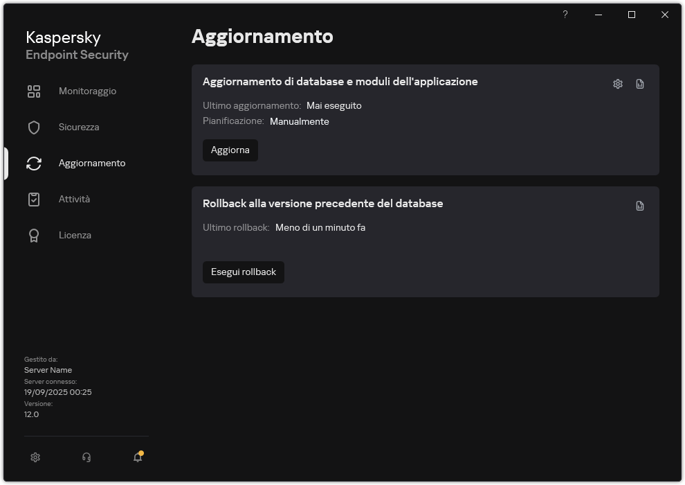 Una finestra con l'elenco delle attività di aggiornamento locali. L'utente può avviare l'aggiornamento dei database e dei moduli dell'applicazione, nonché eseguire il rollback dell'ultimo aggiornamento.