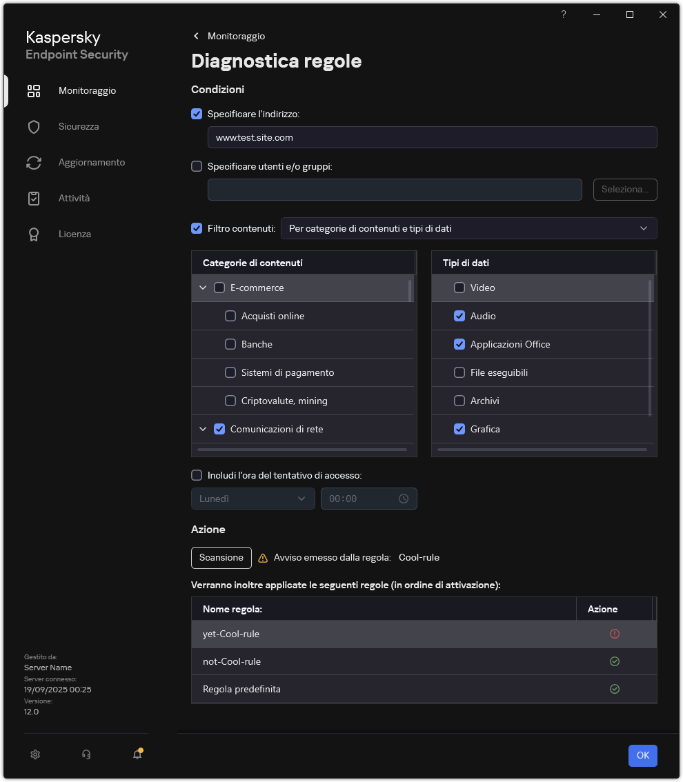 Finestra dei risultati del test delle risorse Web.