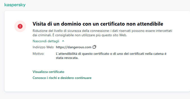 Notifica di Kaspersky sulla visita a un dominio con un certificato non attendibile nella finestra del browser. L'utente può continuare a lavorare.