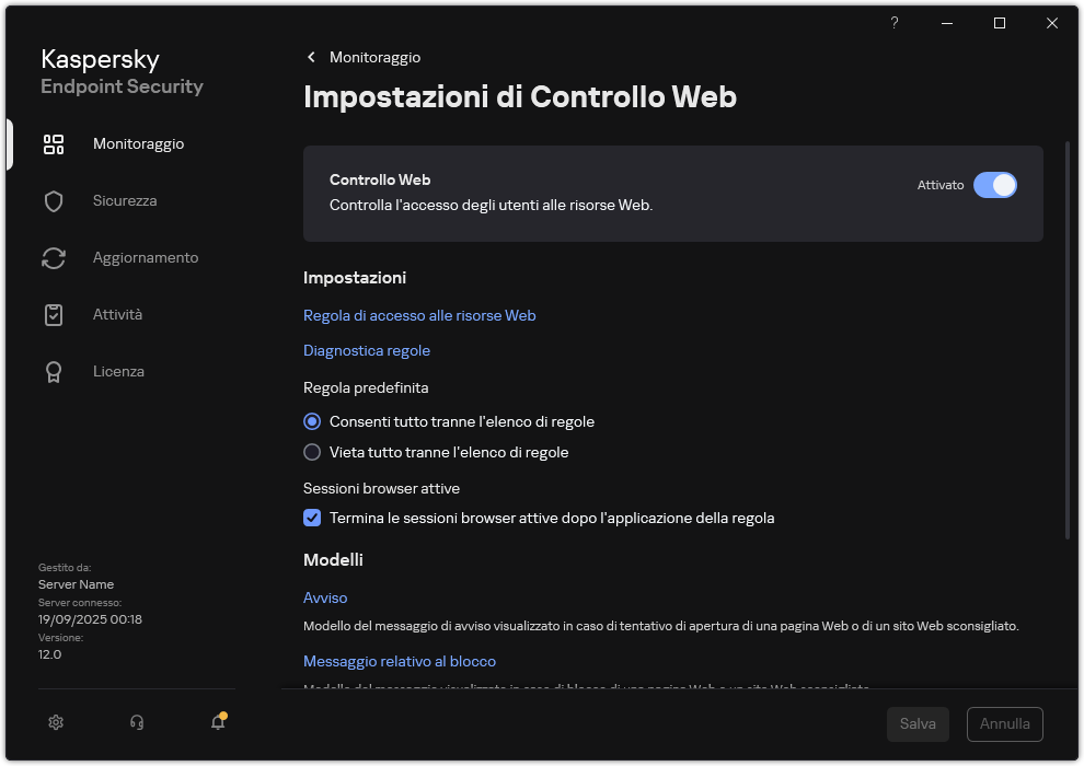 Finestra delle impostazioni di Controllo Web.