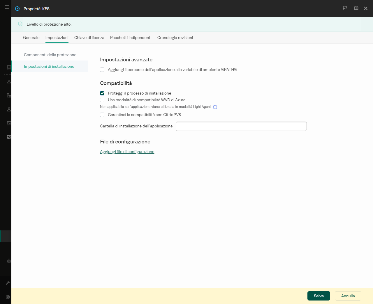 Finestra delle proprietà del pacchetto di installazione. È possibile configurare l'installazione dell'applicazione.