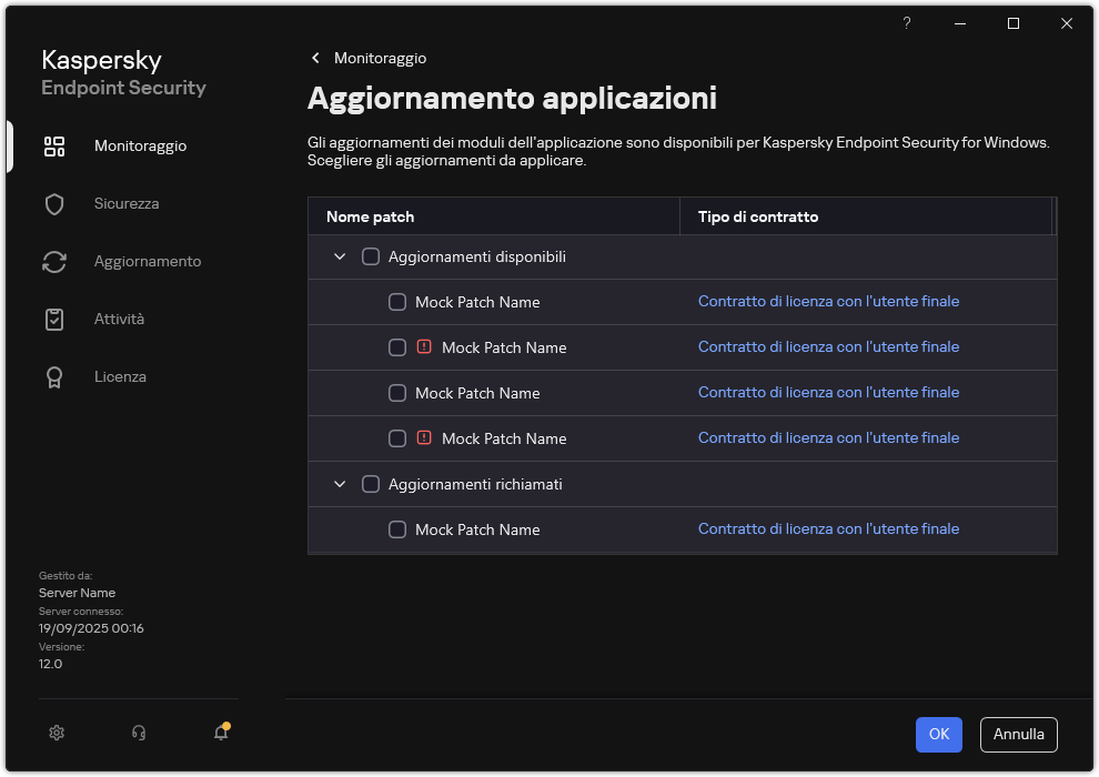 Finestra con un elenco delle patch disponibili. L'utente può selezionare le patch e accettare i termini e le condizioni degli accordi.