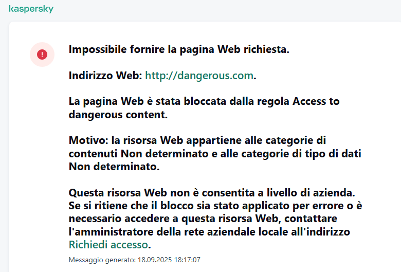 Notifica relativa alla visita di un sito Web bloccato da Controllo Web. L'utente può creare una richiesta per accedere alla risorsa Web.