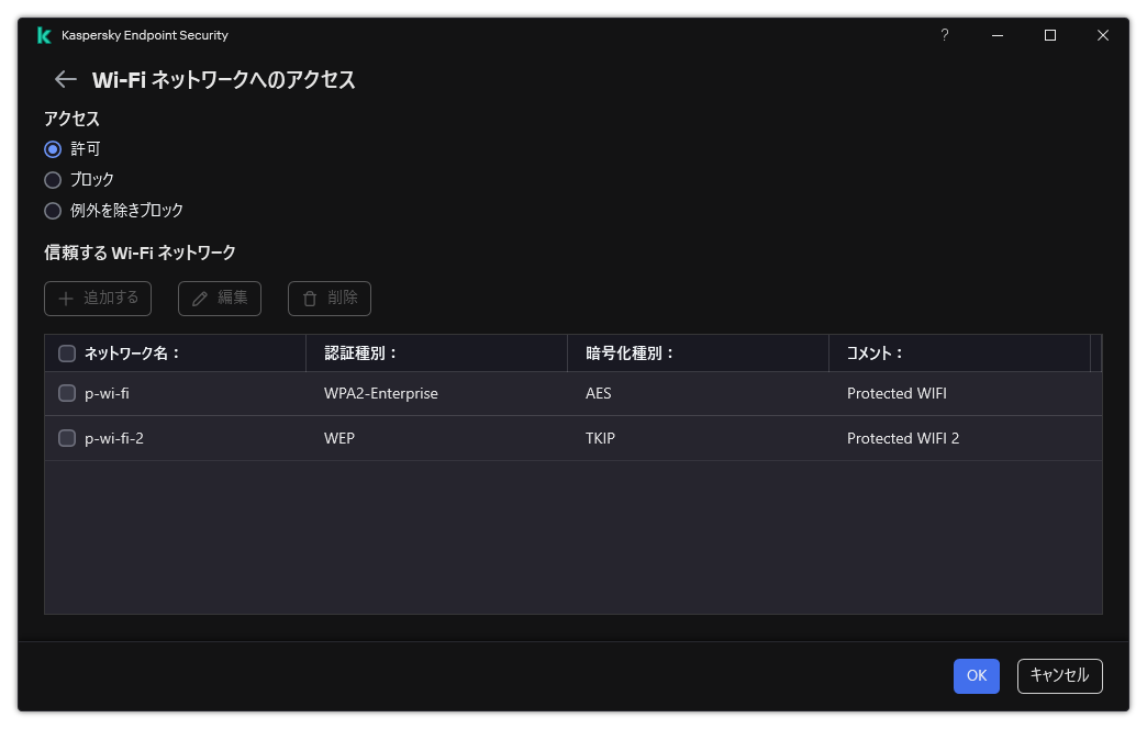 Wi-Fi ネットワークのリストのウィンドウ。ユーザーはすべての Wi-Fi ネットワークへのアクセスを設定でき、また信頼する Wi-Fi ネットワークを追加することができます。