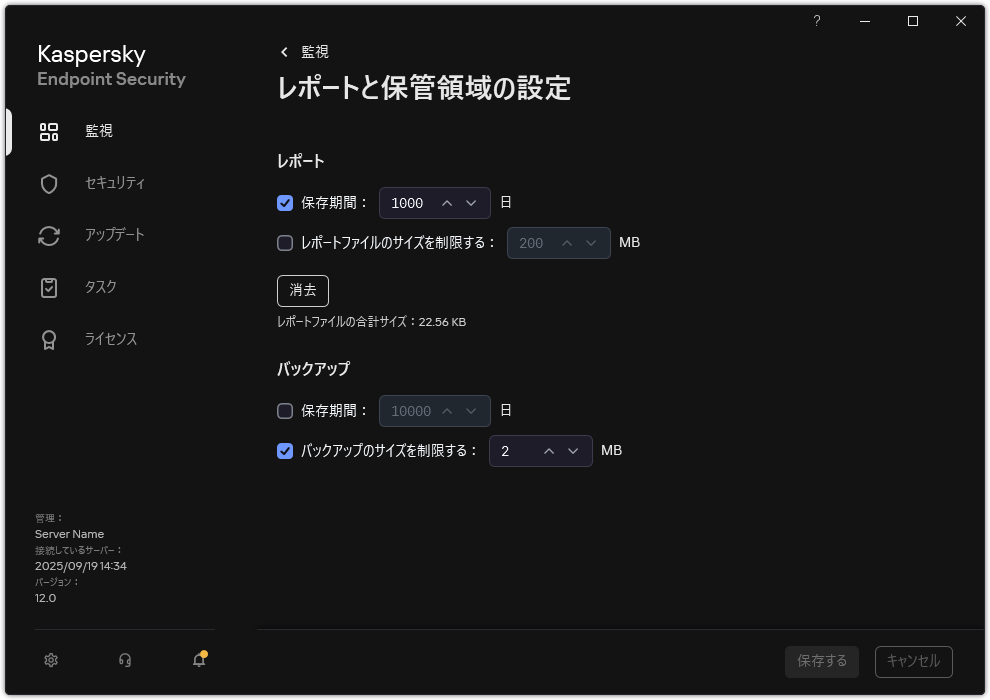 レポートと保管領域の設定のウィンドウ。ユーザーはリポジトリ内のレポートとオブジェクトのサイズ、制限、保管期間を設定できます。