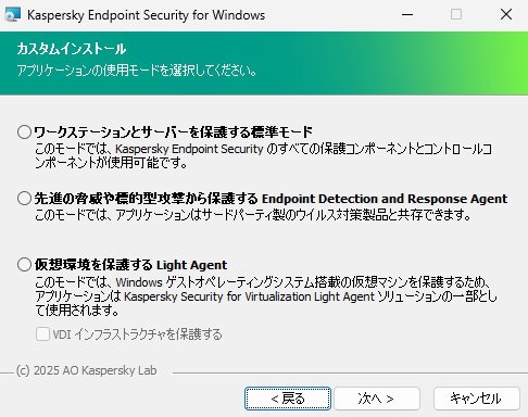 アプリケーションの設定が表示されたインストーラーのウィンドウ:すべての機能または Endpoint Detection and Response Agent。