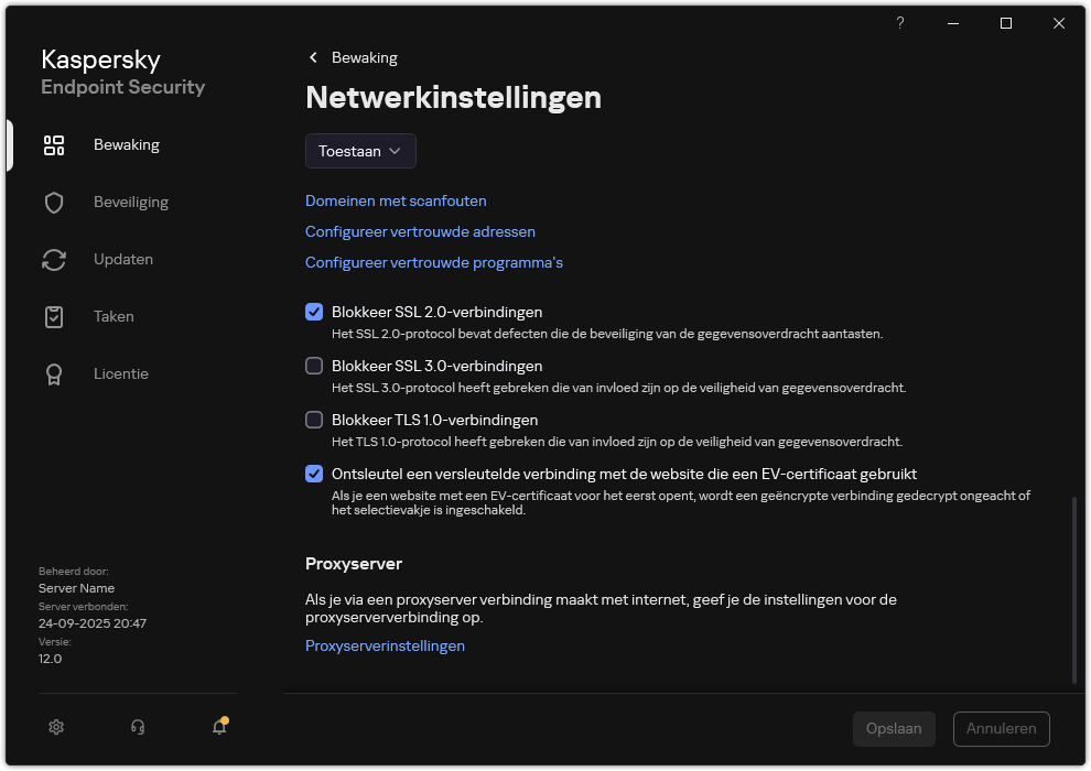 Venster met netwerkinstellingen van het programma.