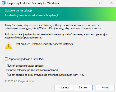 Okno ustawień instalacji: ochrona instalacji, kompatybilność z Citrix PVS, zmienna systemowa avp.com.