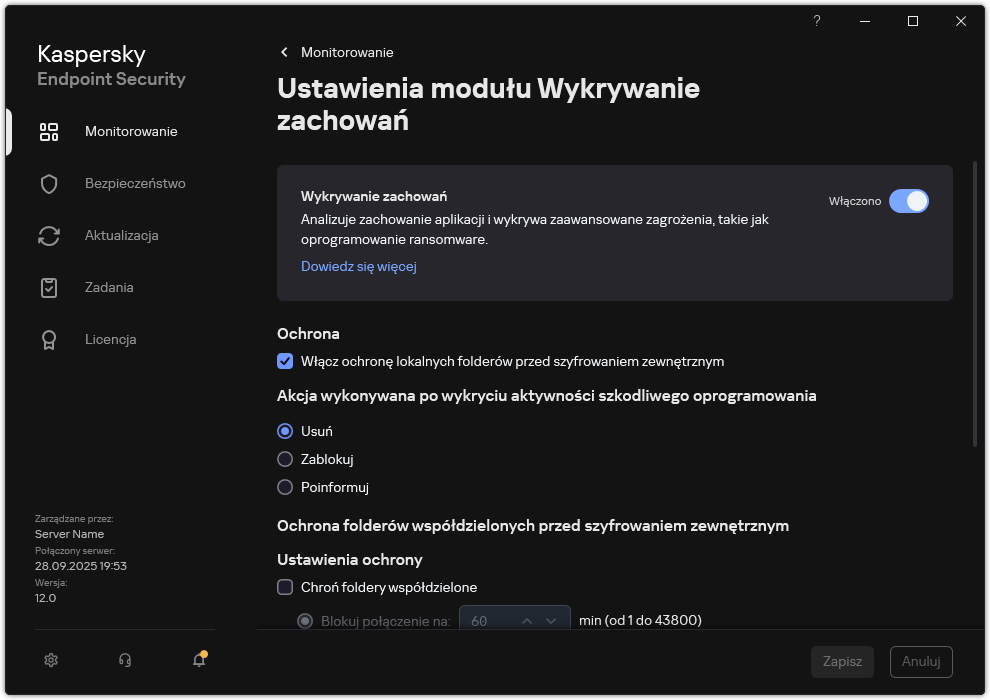 Okno Ustawienia modułu Wykrywanie zachowań.