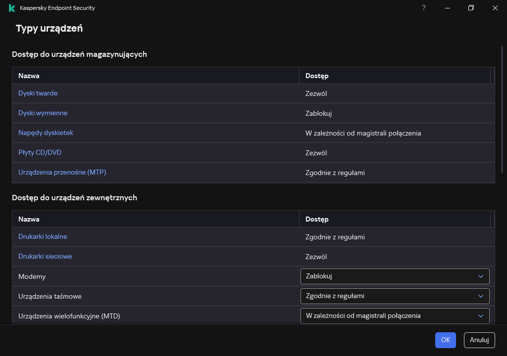 Okno konfiguracji dostępu do urządzeń. Użytkownik może skonfigurować dostęp do urządzeń oraz ustawić dodatkowe parametry dostępu, takie jak terminarz dostępu.